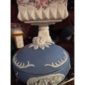 Vintage Blue Jasperware Round Trinket Box Stoneware With A White Floral...